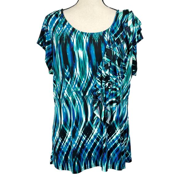 Worthington 1X-Large Top Cap Sleeves Stretch Ruffled Scoop Neck Abstract Multi - Picture 1 of 7